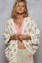 Openwork Chenille Cardigan with Contrast Floral
