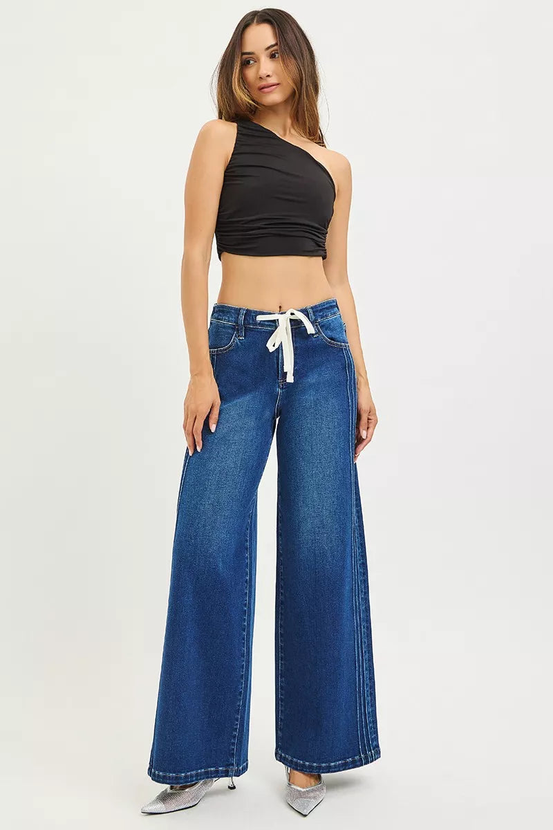 Mid Rise Drawstring Wide Side Pintuck Jeans