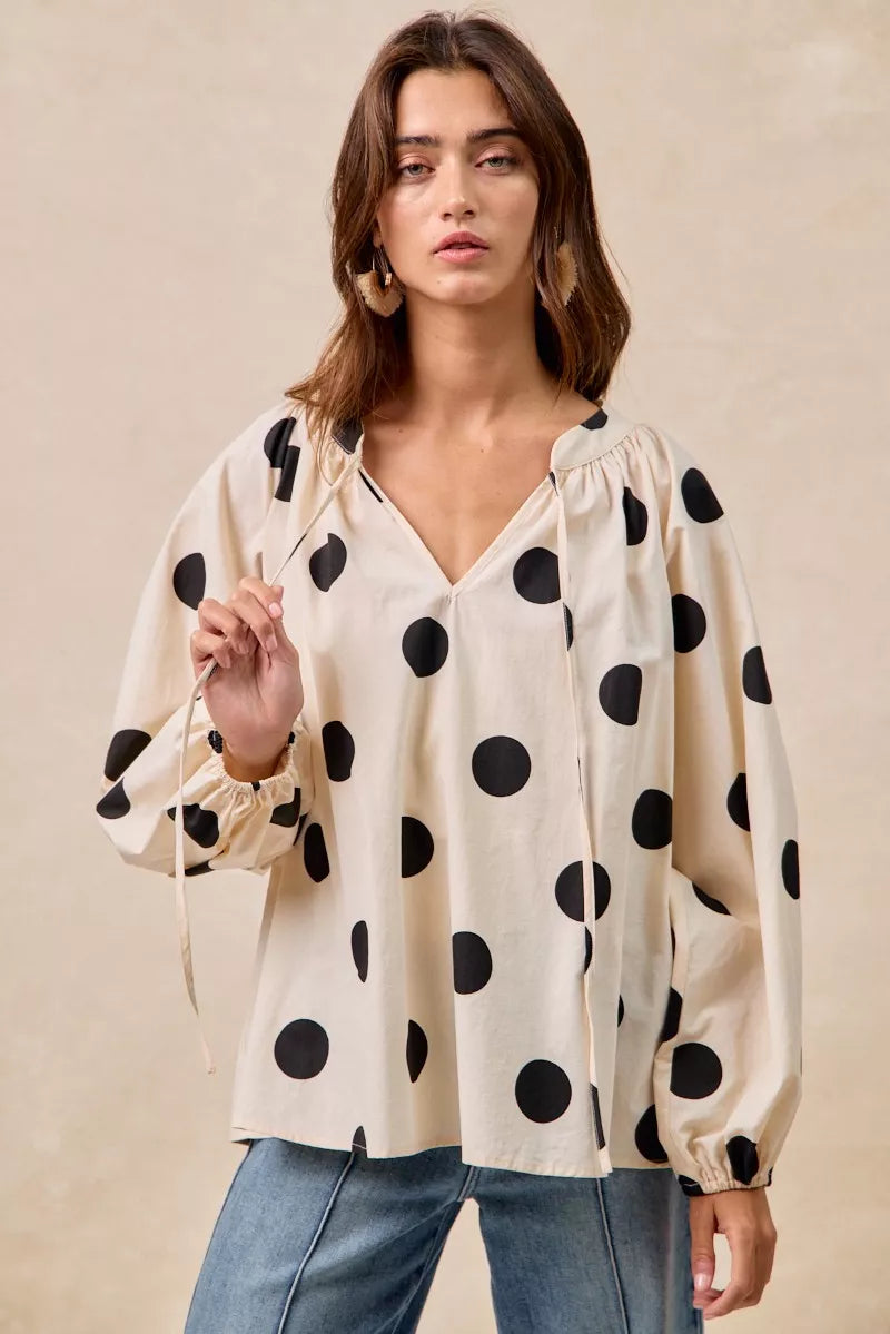 Polka Dot Balloon Sleeves Blouse