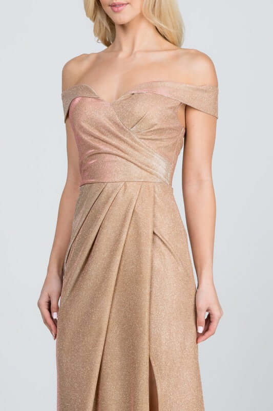 Off Shoulder Glitter Jacquard Gathered Gown