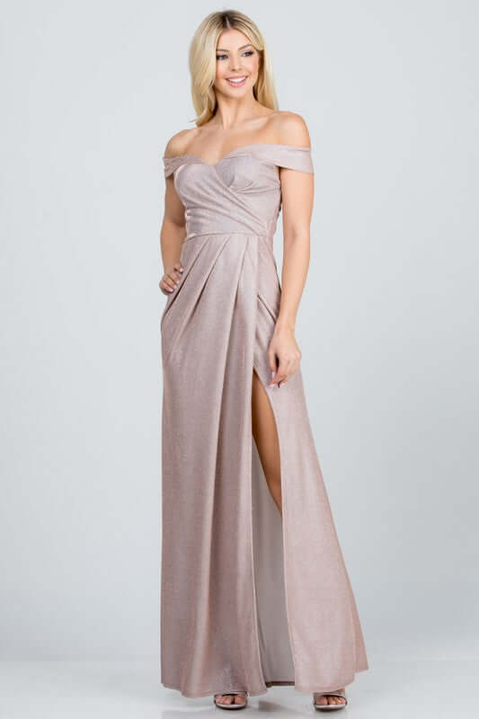 Off Shoulder Glitter Jacquard Gathered Gown