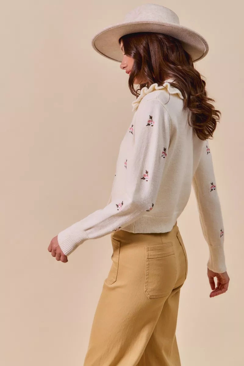 Collared Floral Embroidered Button Down Cardigan