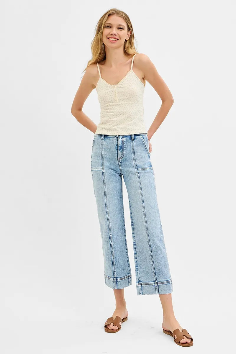 High Rise Crop Wide Front Seam Detailed Jeans