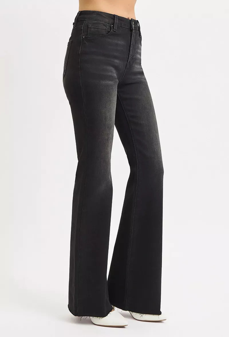 High Rise Flare Raw Cut Hem Jeans