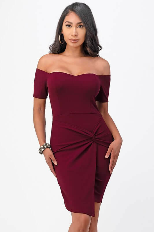 Off Shoulder Front Twist Bodycon Dress