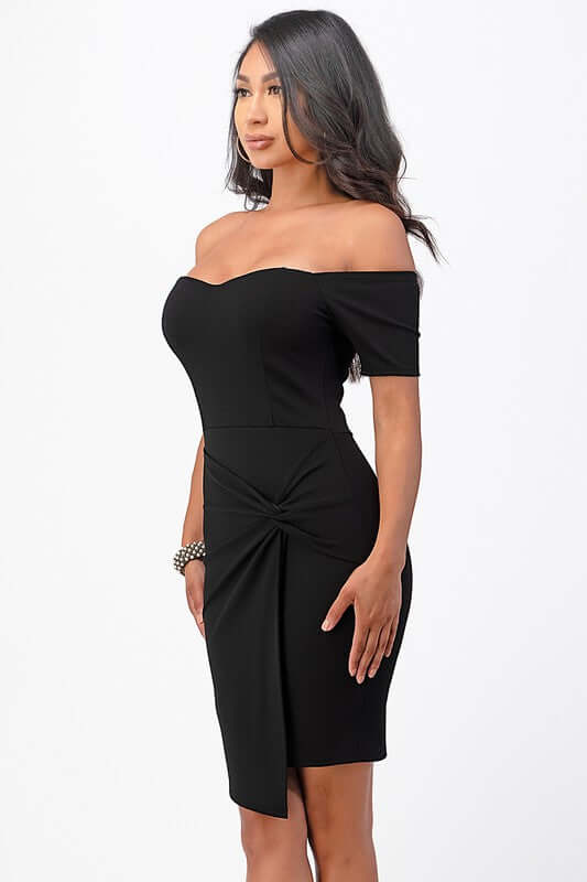 Off Shoulder Front Twist Bodycon Dress