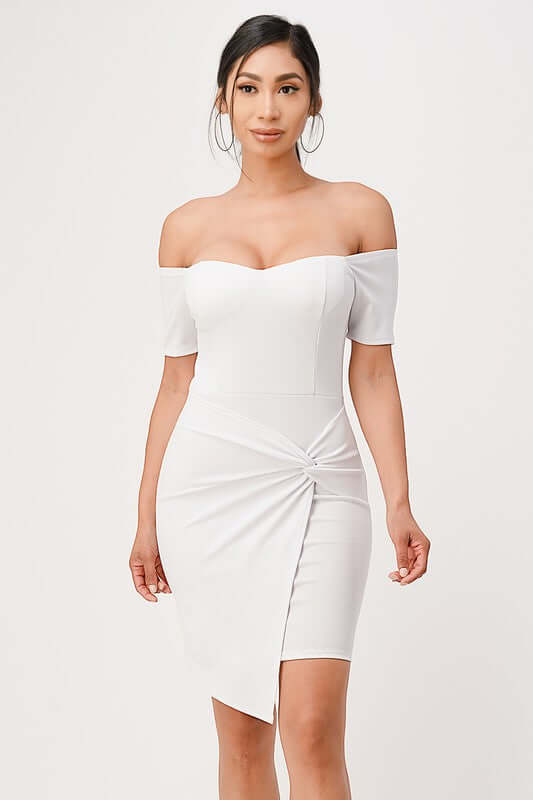 Off Shoulder Front Twist Bodycon Dress