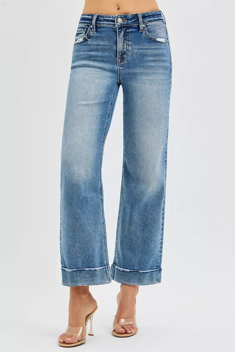 Mid Rise Crop Straight Jeans w/ Taylor Cuff