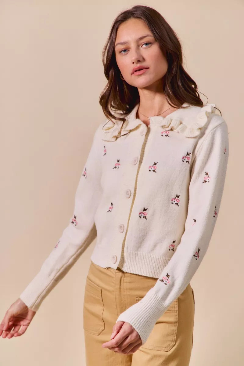 Collared Floral Embroidered Button Down Cardigan