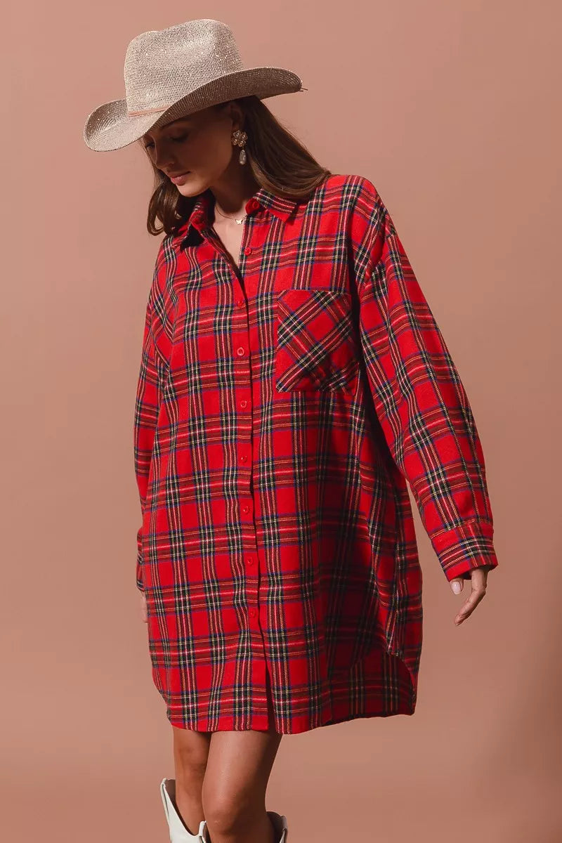 Christmas Plaid Button Up Shirt Dress