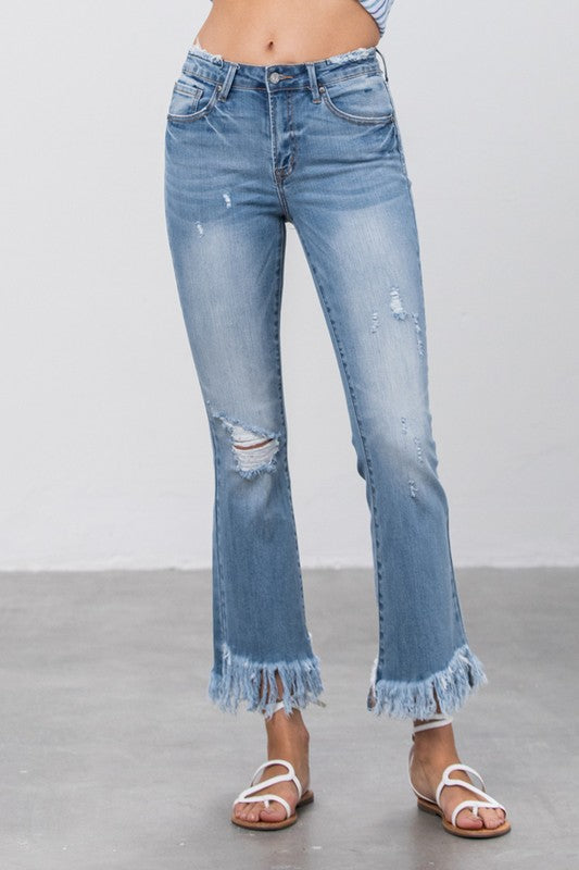 Mid Rise Frayed Flare Crop Jeans