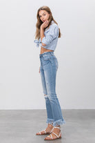 Mid Rise Frayed Flare Crop Jeans