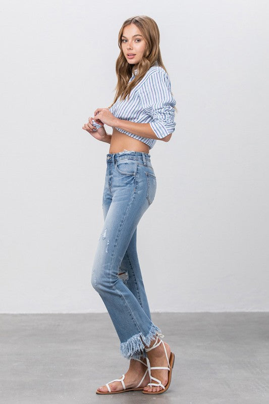 Mid Rise Frayed Flare Crop Jeans