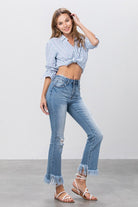 Mid Rise Frayed Flare Crop Jeans