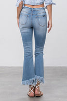 Mid Rise Frayed Flare Crop Jeans
