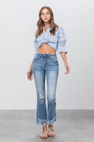 Mid Rise Frayed Flare Crop Jeans