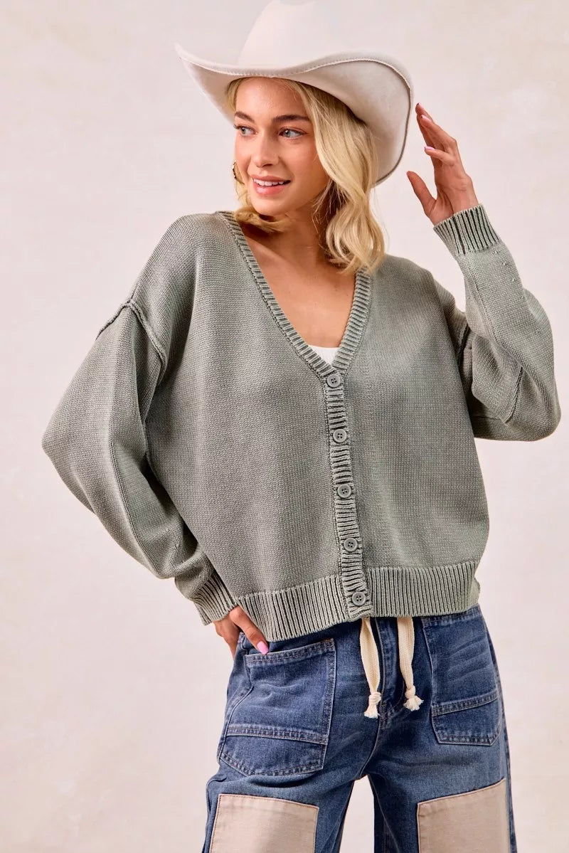 Washed Sweater V-Neck Cardigan