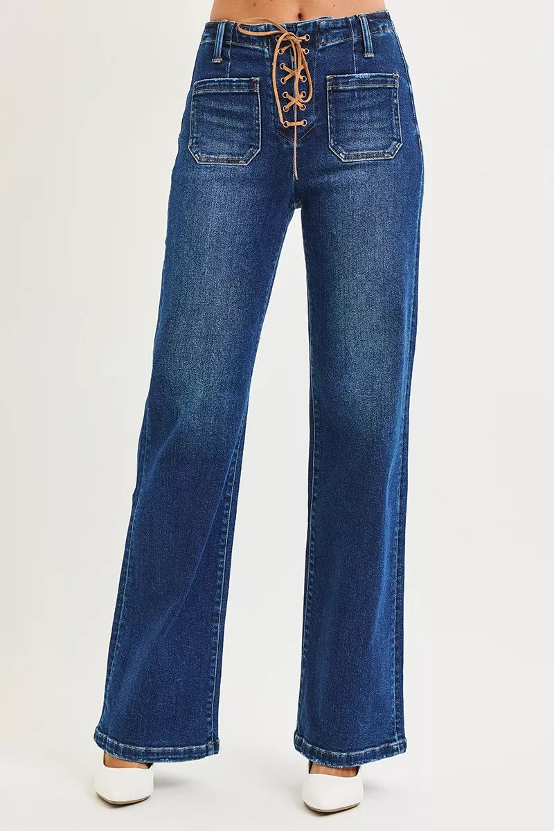 High Rise Wide Leg Jeans with Front Tie Detail