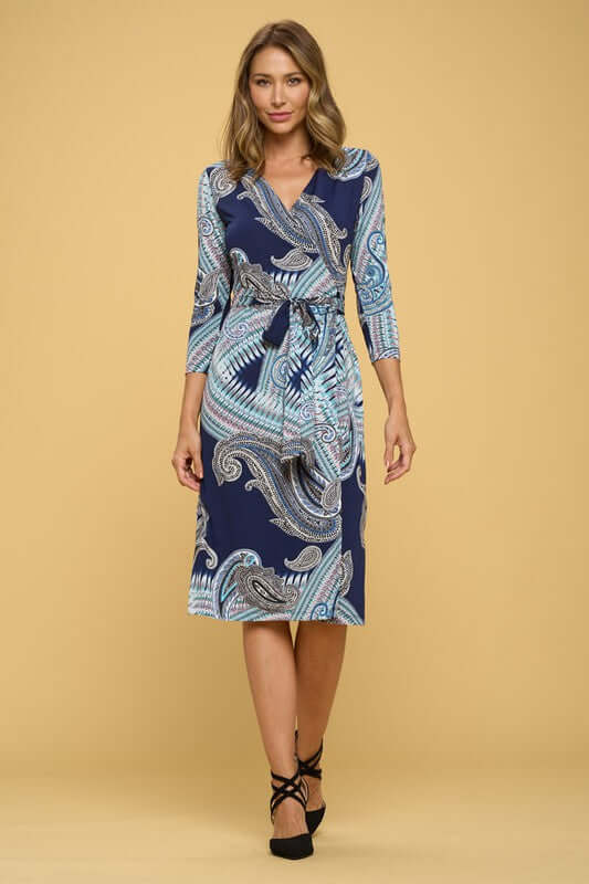 Print V-Neck Jersey Wrap Dress with Tie