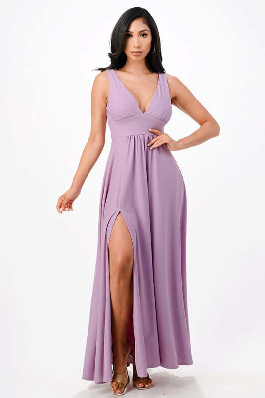 Dull Tricot Deep V-Neck A-Line Dress