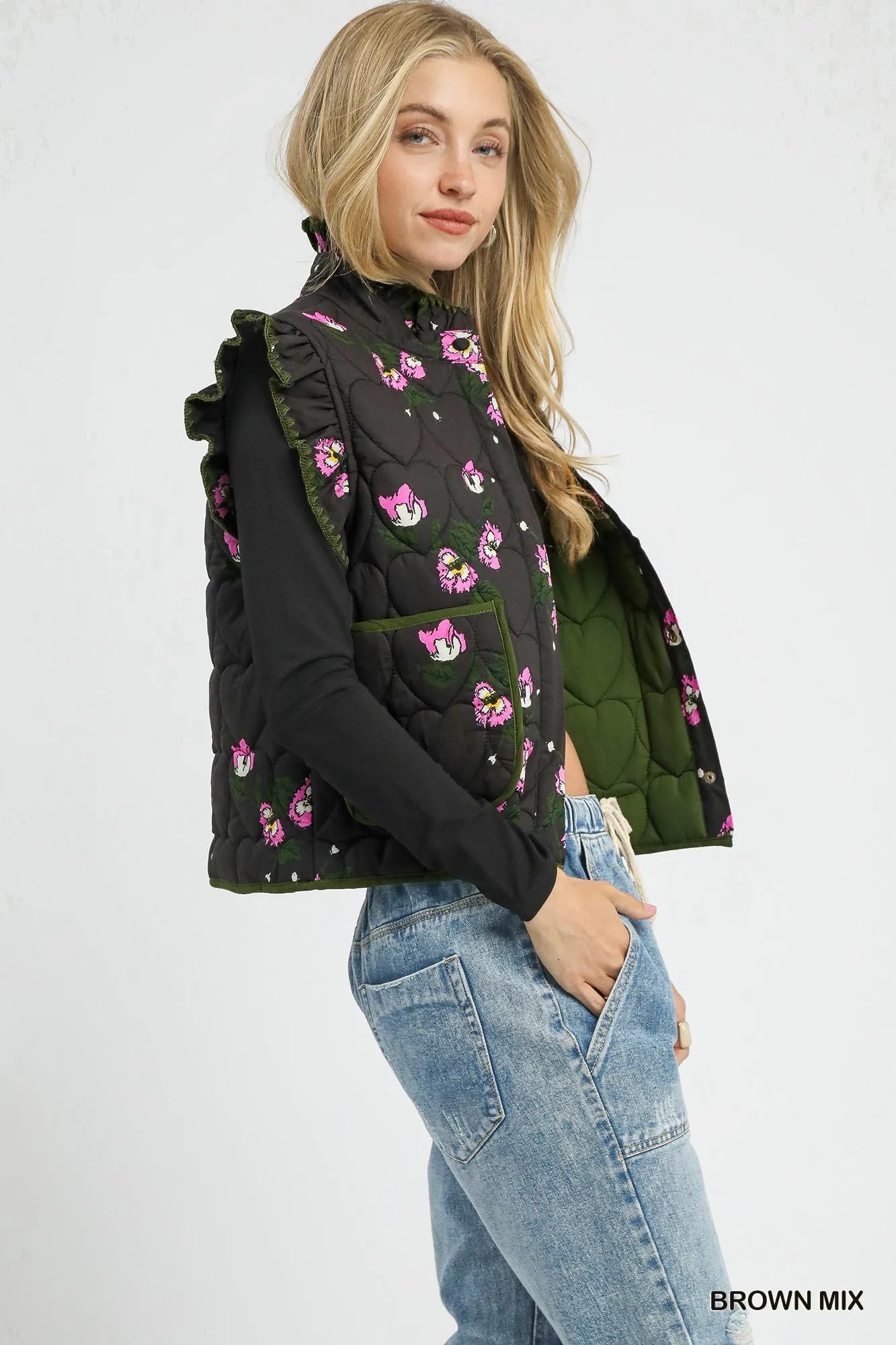 Umgee Ruffled Quilted Floral Snap Down Vest
