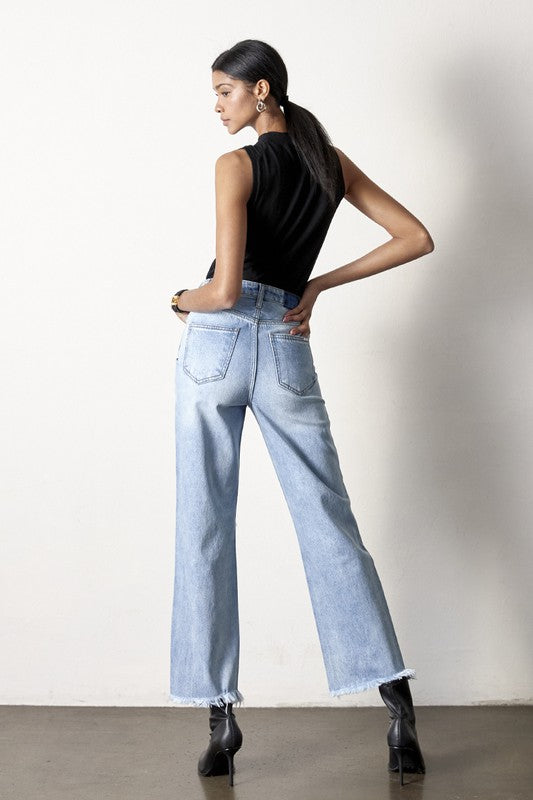 Flip Waist Distressed Straight Leg Jeans