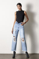 Flip Waist Distressed Straight Leg Jeans