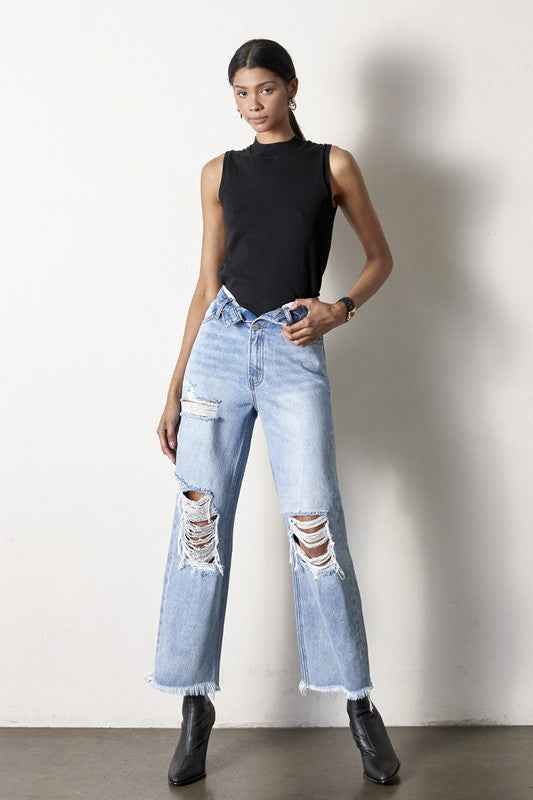 Flip Waist Distressed Straight Leg Jeans