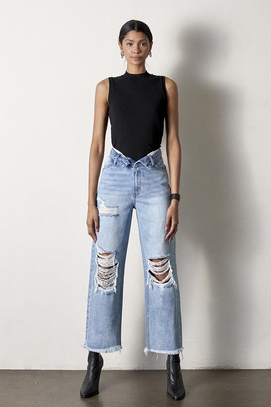 Flip Waist Distressed Straight Leg Jeans