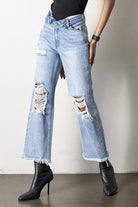 Flip Waist Distressed Straight Leg Jeans