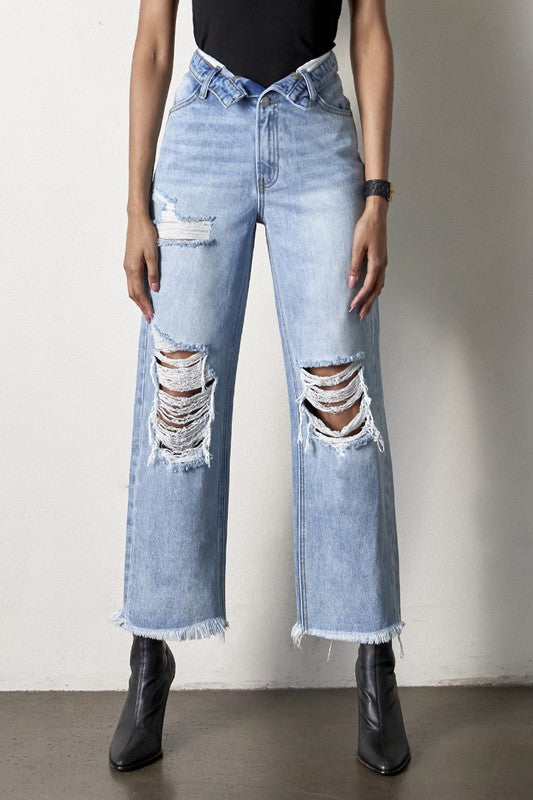 Flip Waist Distressed Straight Leg Jeans