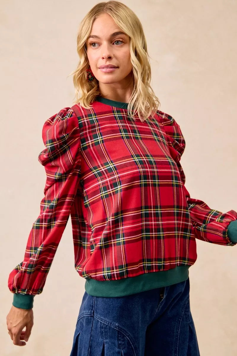 Plaid Exaggerated Shoulder Top