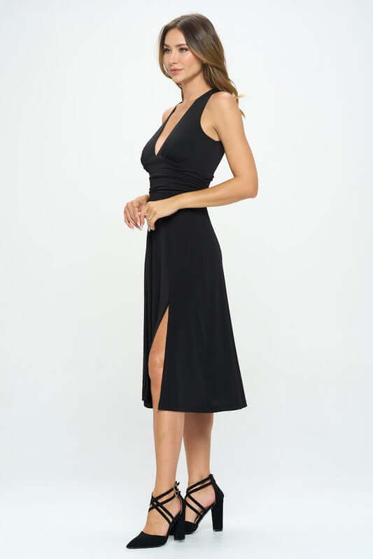 Solid Deep V-Neck Lined Dress with Slit
