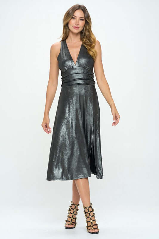 Metallic Solid Deep V Neck Lined Dress