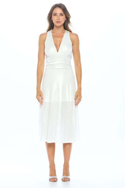 Metallic Solid Deep V-Neck Lined Dress