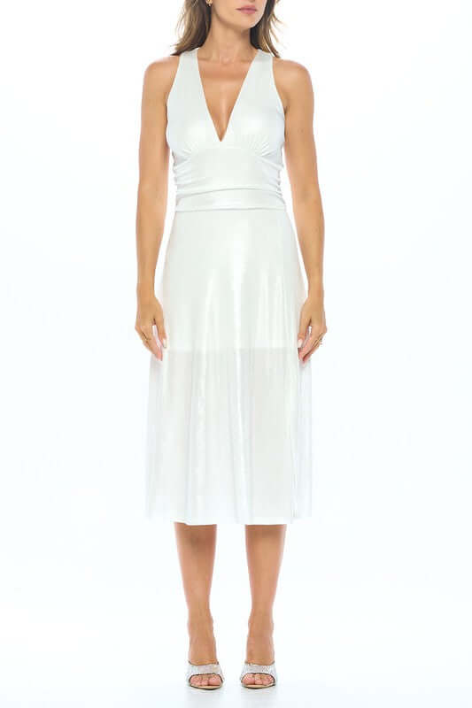 Metallic Solid Deep V-Neck Lined Dress