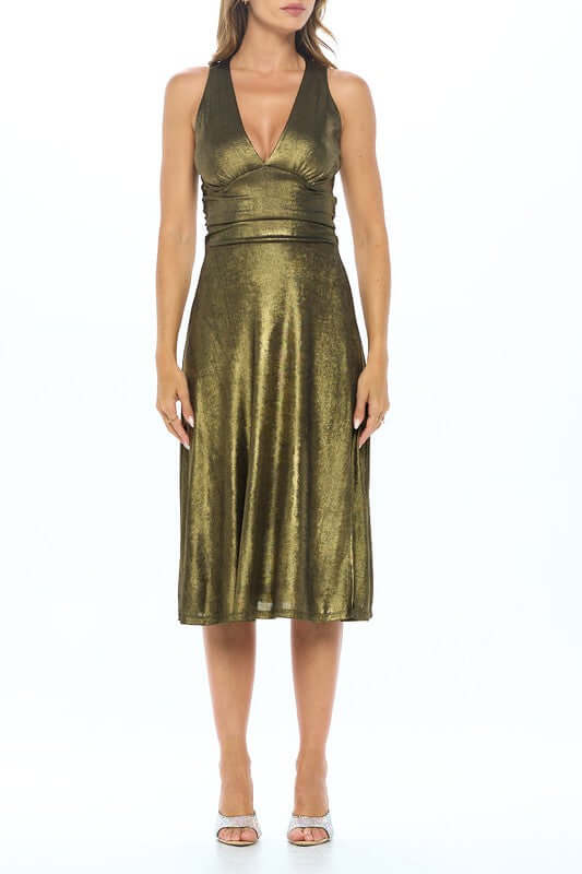 Metallic Solid Deep V-Neck Lined Dress