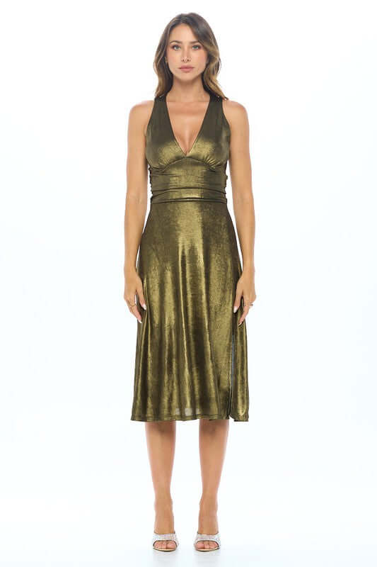 Metallic Solid Deep V-Neck Lined Dress