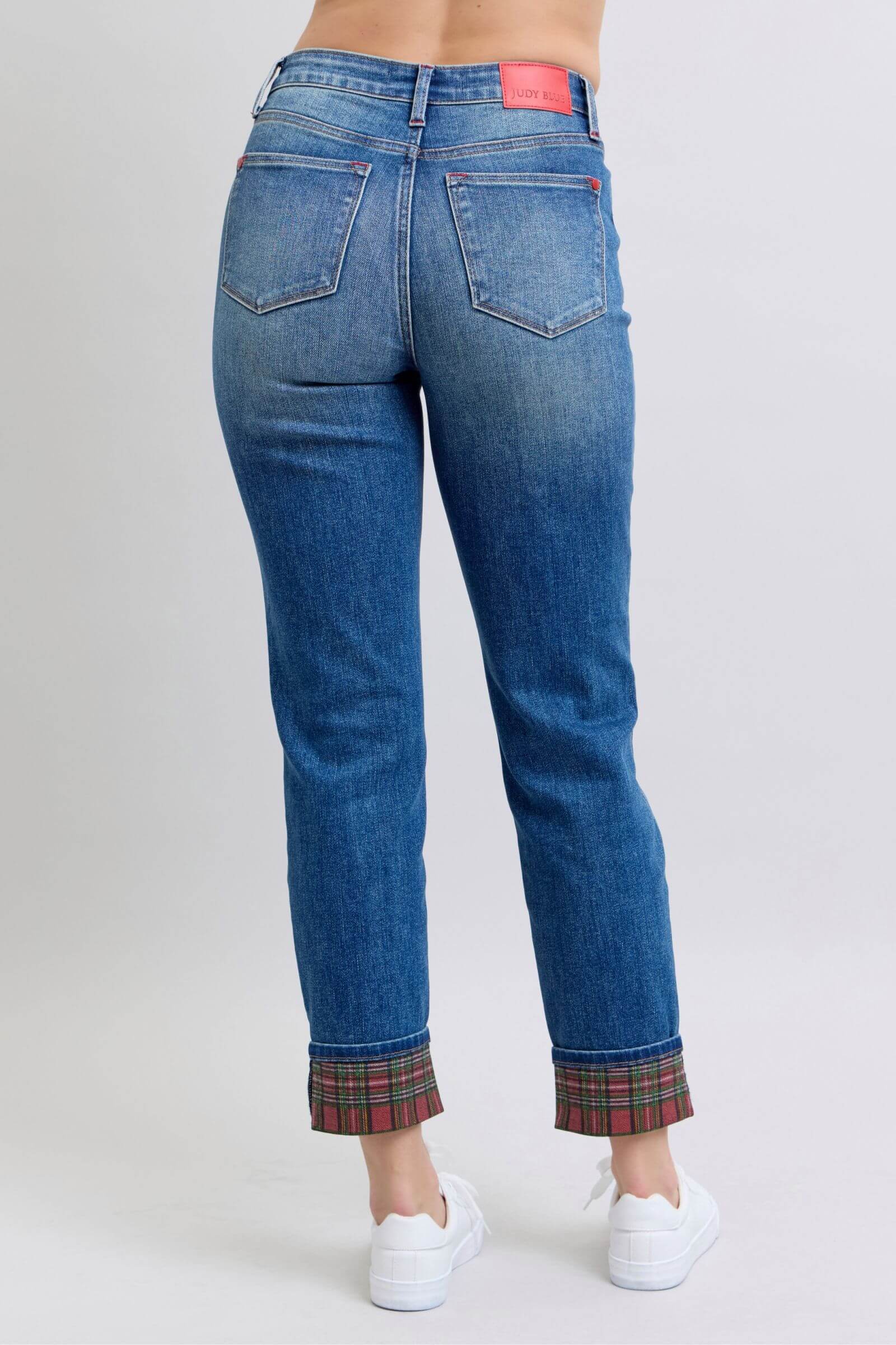 Plaid Print Cuff Straight Leg Jeans