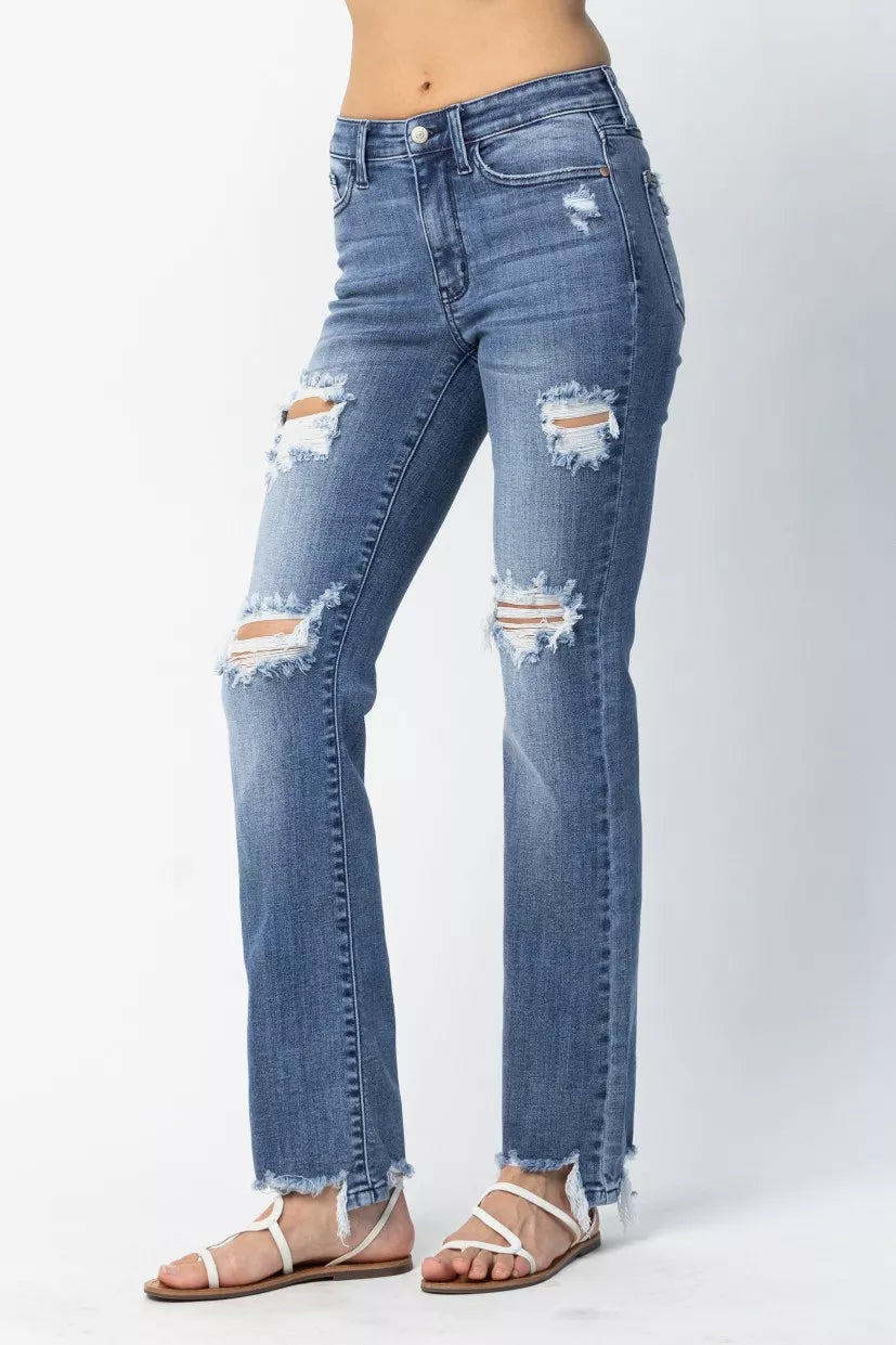 Mid Rise Destroyed Straight Jeans