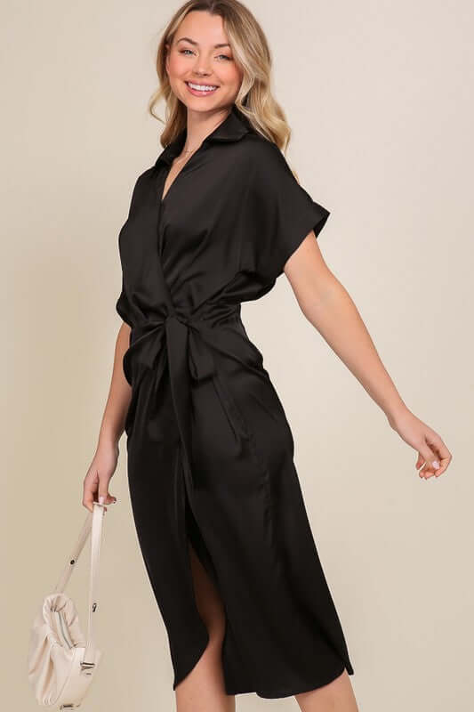 TIMING Surplice Satin Wrap Midi Dress