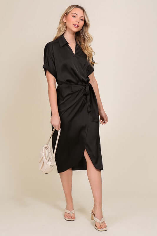 TIMING Surplice Satin Wrap Midi Dress