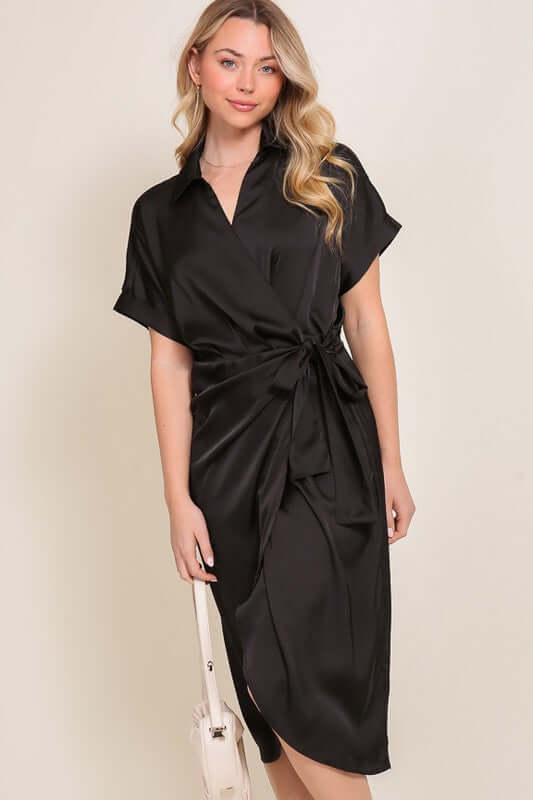 TIMING Surplice Satin Wrap Midi Dress