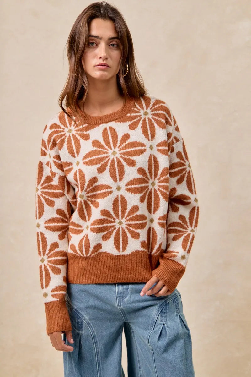 Flower Pattern Long Sleeve Sweater