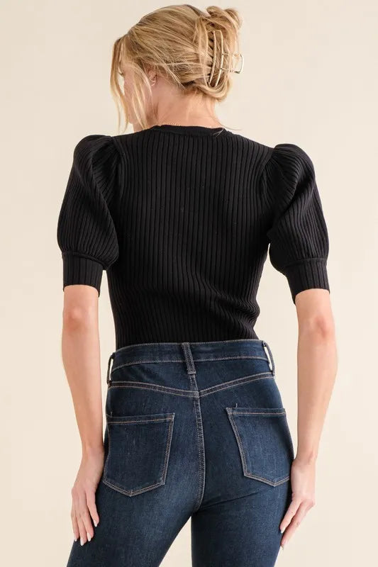 Puffed Half Sleeve Rib Bodysuit