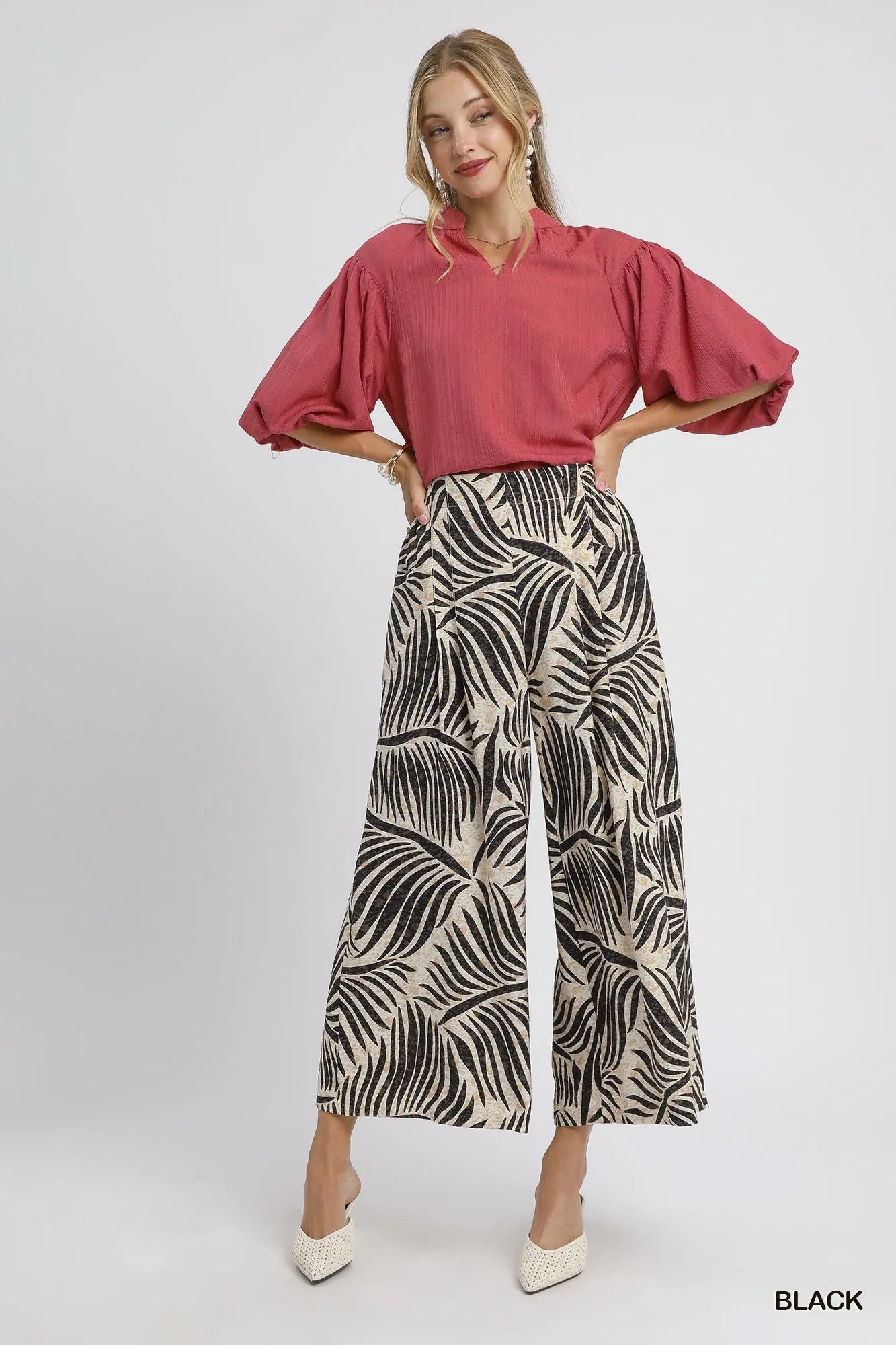 Palm Leaf Print Wide Leg Culotte Pants