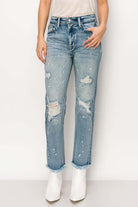 High Rise Distressed Straight Fray Hem Jeans in medium wash with bleach effect, featuring a stylish high-waisted and ankle-length design.