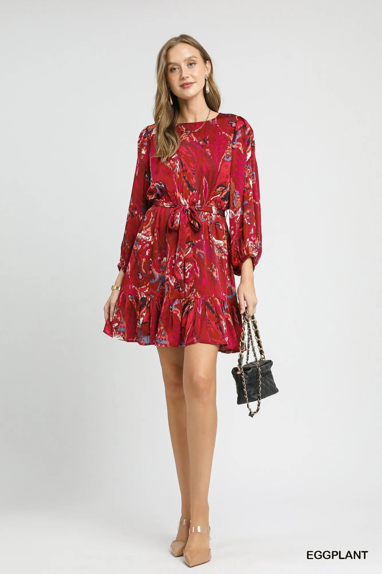 Ruffled Hem Printed Balloon Sleeve Dress