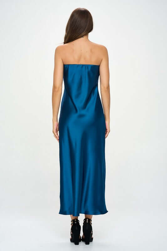 Back view of a silky satin tube draped maxi dress in blue, sleeveless and strapless, made in USA, perfect for formal or casual occasions.