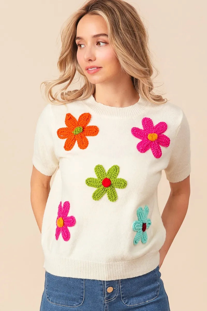Crochet Flower Patch Sweater Top